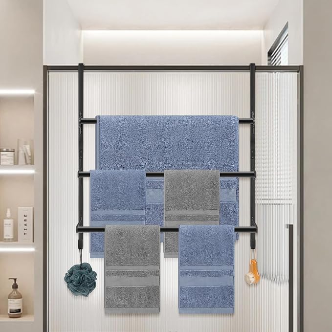 Livabber 3-Tier Over The Door Towel Rack, All Metal Towel Rack with Hooks for Door Hanging, Behind Door Towel Bar Towel Storage Holder for Bathroom Accessories, Black (22.8" L x 5.9" W x 24.4" H)