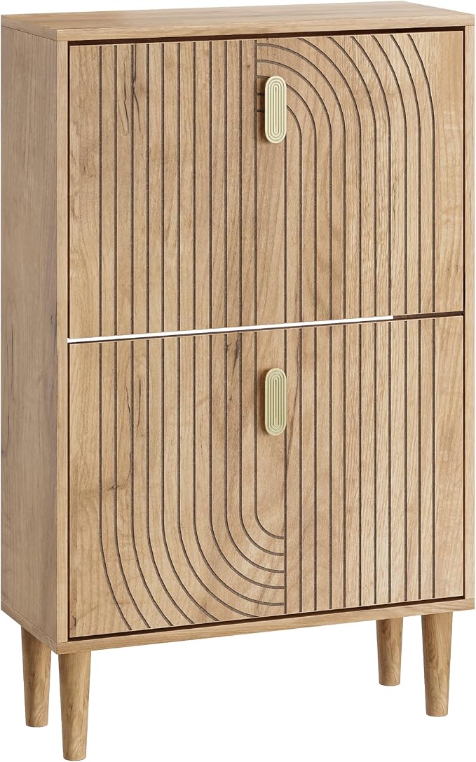 Smuxee Shoe Cabinet with 2 Flip Drawers, 23.6" Oak Hidden Shoe Storage Cabinet with Line Groove Design, Freestanding Shoe Organizer Cabinet for Entryway, Hallway, Living Room