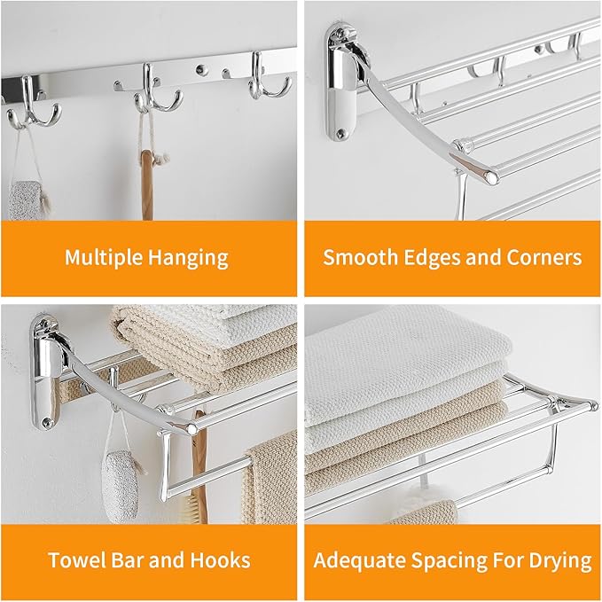 24 Inch Polished Chrome Towel Racks, Bathroom Towel Shelf with Foldable Towel Bar Holder and Towel Hooks, Wall Mounted Multifunctional Bathroom Accessories, Double Towel Bars