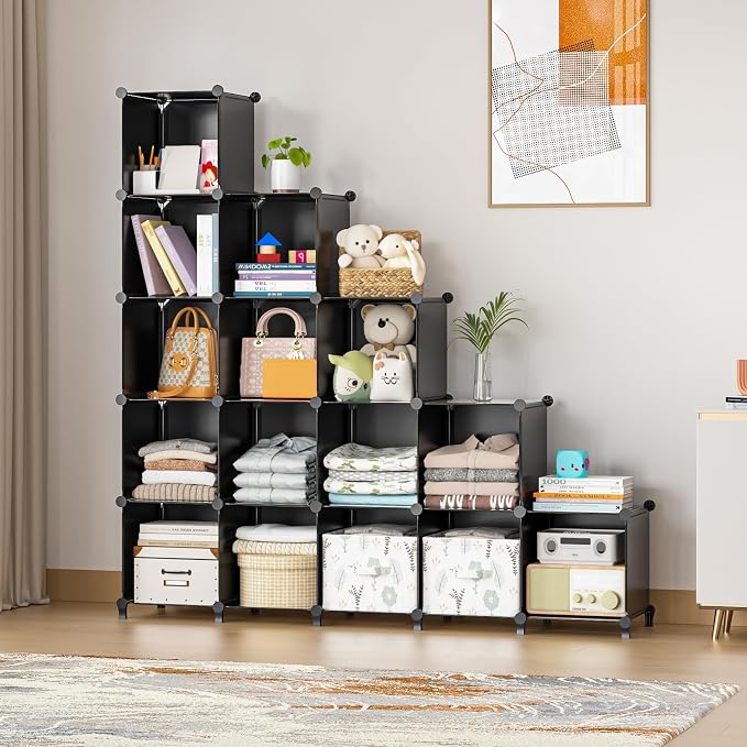 Neprock 16 Cubby Storage Organizer, Closet Clothes Storage Organizer, Cube Shelves Closet Organizers and Storage Shelves for Clothing Storage with Hammer, Bookshelf for Kids(Black)