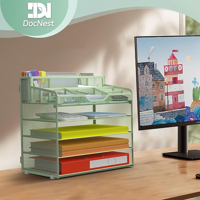 Docnest 5 Tier Mesh Desk Organizer with Letter Tray & Paper Sorter, Green | Features 3 built-in pen holders & 5 adjustable compartments on top. Includes 4 non-slip rubber feet for desk protection