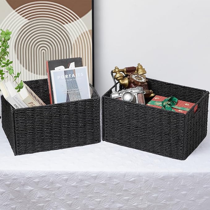 Vagusicc Wicker Storage Basket, Set of 2 Hand-Woven Paper Rope Wicker Basket, Small Storage Baskets for Organizing Toilet Paper Basket, Foldable Large Cube Storage Organizer Bins for Shelves (Black)