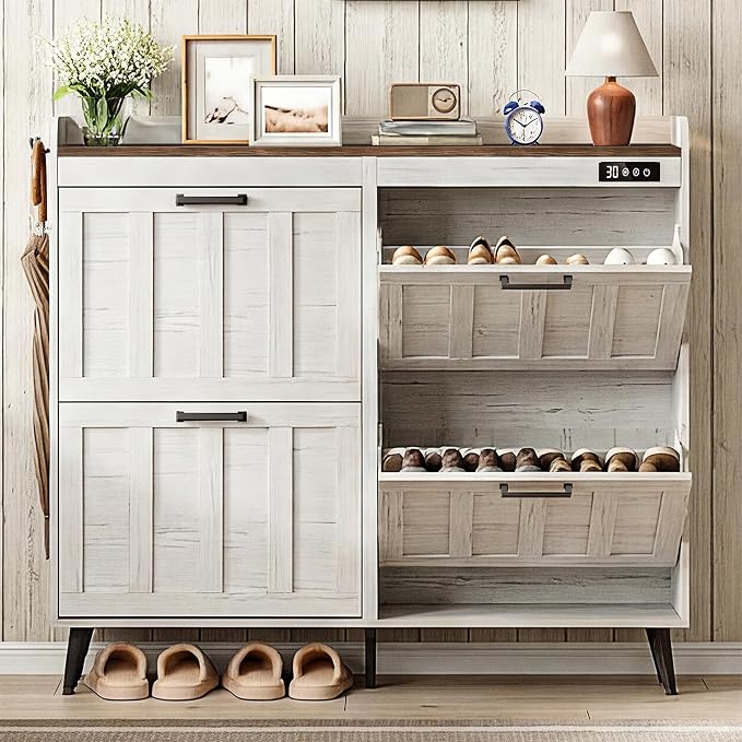 ChooChoo Shoe Storage Cabinet with 4 Flip Drawers and Deodorizer | Shoe Organizer Storage for Entryway, Freestanding Hidden Slim Narrow Shoe Rack Cabinet, Antique White & Brown