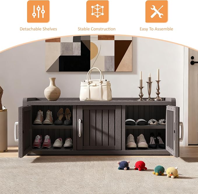 2-Tier Storage Bench, Waterproof UV-Resistant Outdoor Shoe Storage Cabinet with 3 Doors & Adjustable Shelves for Indoor Outdoor Entryway, Hallway, Living Room (Classic Gray)