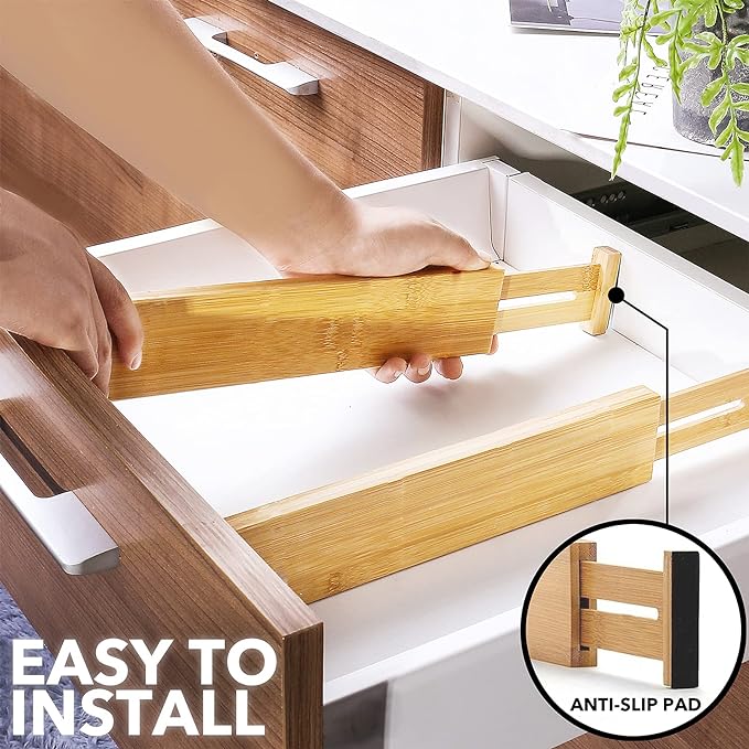 SpaceAid Bamboo Drawer Dividers with Labels, Kitchen Adjustable Drawer Organizers, Expandable Organization for Home, Office, Dressers and Bathroom, 6 Dividers (17-22 in) (Pack of 2)