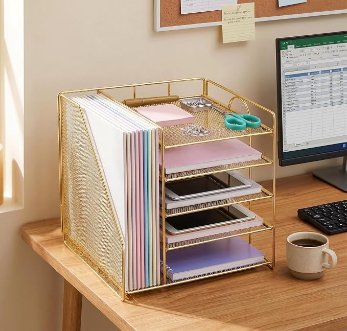 OPNICE 5-Tier Desktop File Paper Organizer, Desk Organizers and Accessories, Office Desk Accessories & Workspace Organizers for Home Office Supplies, Gold