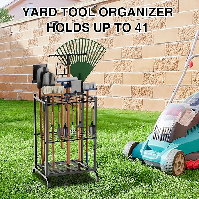 RANXFLOAT Garden Tool Organizer with Storage Hooks, Yard Tool Tower Rack for Garage Organization and Storage, Up to 35 Long-Handled Tools, Metal Tool Holder with 6 Hooks, Black