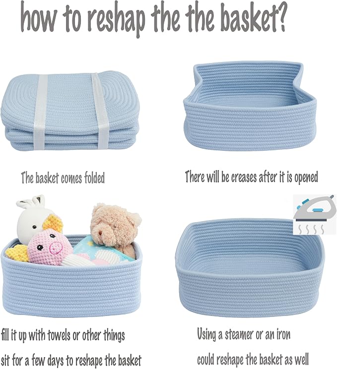 XUANGUO Small Woven Storage Baskets for Shelves, 12" x 8" x 5", Blue | Decorative rope storage bins for closets and toy storage; cute organizer baskets, empty gift baskets and nursery storage.