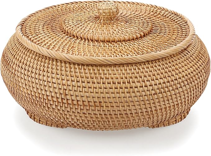 Hipiwe Round Rattan Boxes with Lid, X-Large Woven Bread Basket Natural Rattan Basket Wicker Storage Box Decorative Basket for Coffee Table Farmhouse Picnic Fruit Storage Basket
