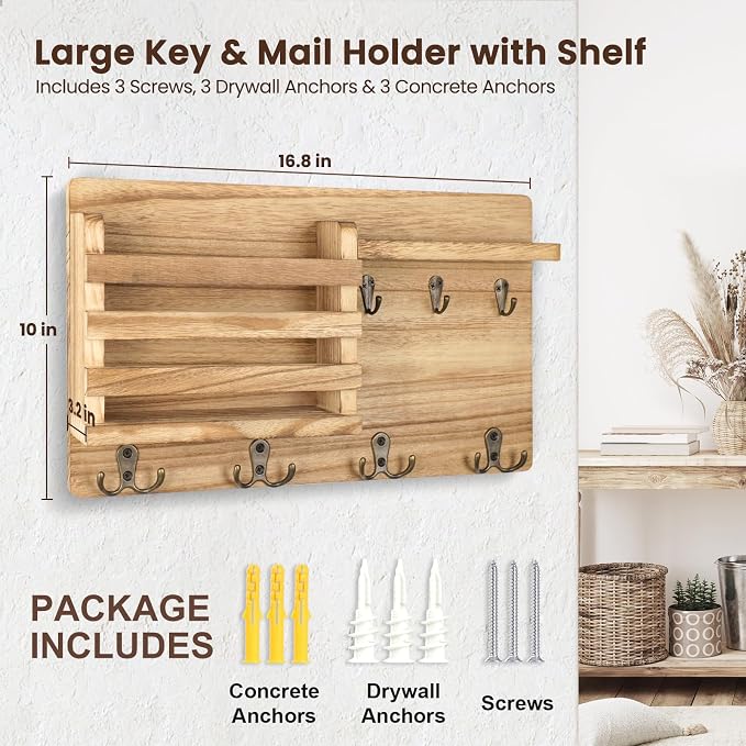Nekon Mail Holder for Wall Mail Organizer with Key Hooks Hallway Farmhouse Decor Storage Racks with Floating Shelf and Flush Mount Hardware (16.8Inch x 10Inch x 3.2Inch) (Wood)