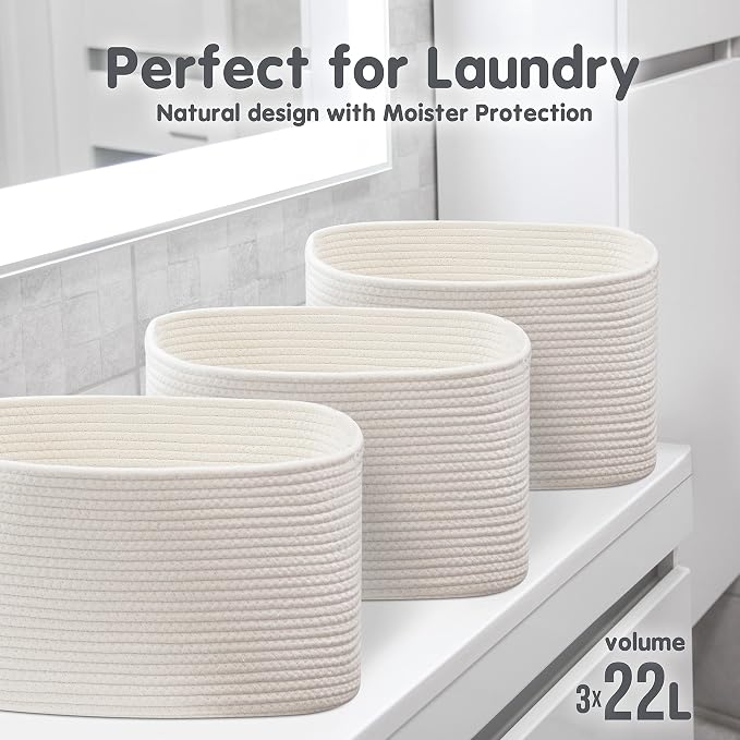 CHAT BLANC Cotton Rope Baskets for Organizing, Shelves, Toys, Storage, Shoe, Bathroom, Laundry, Towel, Nursery, Home Decor, Blanket, Cloth Woven Bins Fabric (Creamy White, 15"x10"x9")