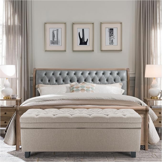 51" Storage Ottoman for Bedroom & Living Room, End of Bed Bench with Black Wooden Legs, Linen Upholstered Tufted Ottoman, Entryway Storage Bench, Beige