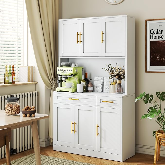 GAIOUS 71" Metal Kitchen Pantry Cabinet, Buffet Sideboard with Drawers | 6 Doors 4 Adjustable Shelves Open Countertop Charging Cable Hole Coffee Bar Cabinet Cupboard for Dining Living White