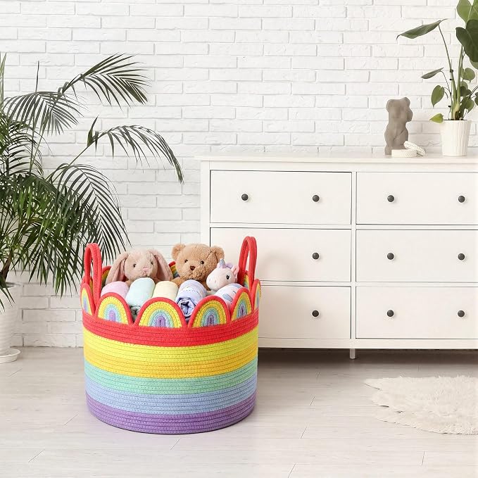LemonRoad Bright Rainbow Round Basket Large Blanket Basket 16" X 14" Scalloped Woven Baskets Cotton Storage Baskets for Nursery Classroom Closet Blankets Storage Home Decor