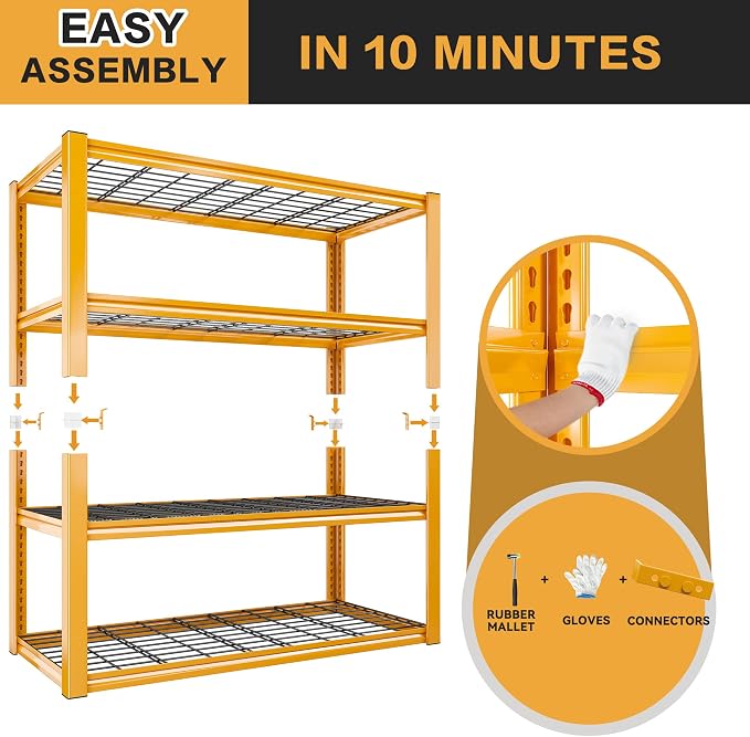 REIBII 40" W Yellow Garage Shelving with Double-Layer Frames for Homeowners | Load 2200Lbs, Adjustable, 10-Minute Easy Assembly, Wire Mesh Panels, for Garage Basement Warehouse Pantry, 40"W×19.5"D×59.5"H
