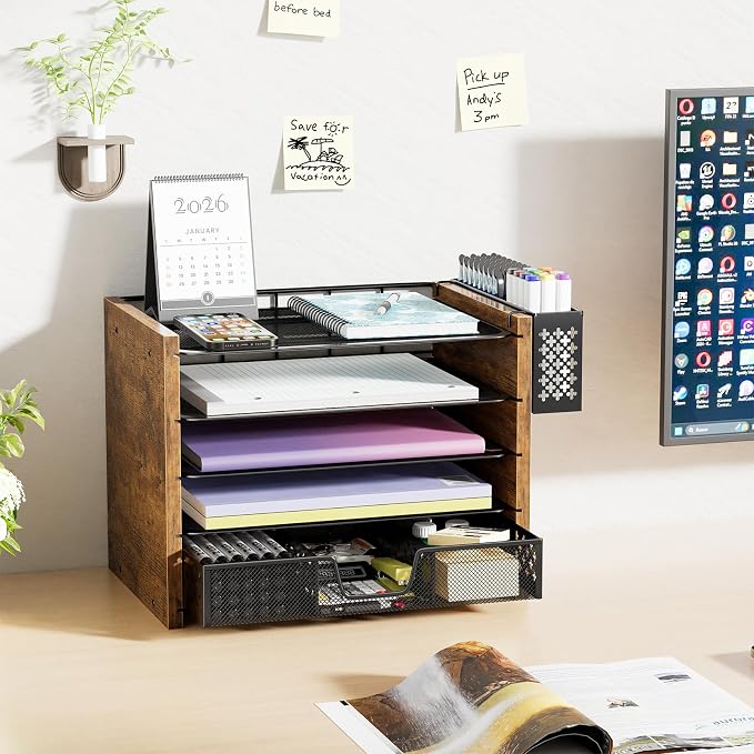 Simple Trending Wooden Desk Organizer, 5-Tier File Organizer, Rustic Brown | Wooden Desk Organizers and Accessories with Drawer & Pen Holder, Natural Wood & Metal for Office Home, 9"L x 12.75"W x 9.75"H
