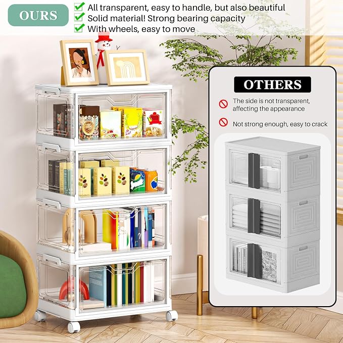 Kmiectse Clear Storage Bins with Lids - 4 Tier 23qt Plastic Stackable Bins | Closet Organizers Box for Bedroom, Living Room, 23 QT Folding Box with Magnetic door