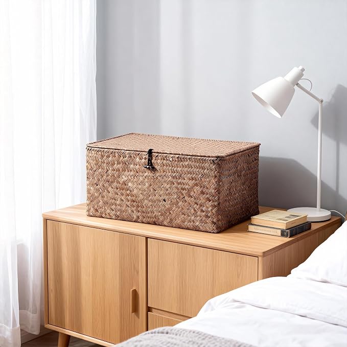 Nonam Seagrass Storage Large Basket with Lid,Wicker Basket Storage Bin with Lid for Shelves,Boho Decor,Handwoven Shelf Basket for Organizing-Storage Container Box for Home Organization-Coffee