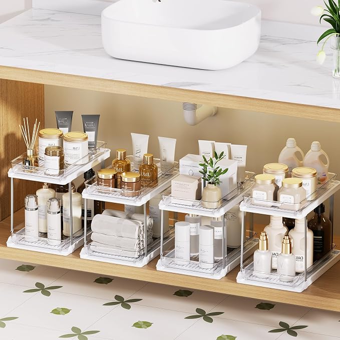 Delamu 2-Tier Bathroom Under Sink Organizers and Storage, Pull Out Cabinet Drawers with Anti-Slip Design, Multi-Purpose Storage for Kitchen, Pantry, Bathroom & Home Organization, White, 4 Pack