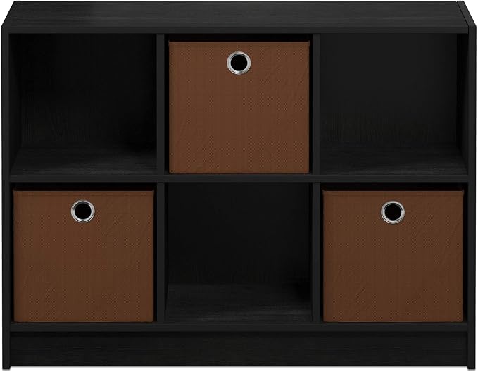 Furinno BASIC Book Shelf, 6-Cube Bookshelf with Open Shelf, 3 x 2 Bookcase with Storage Bins, Closed Back, Horizontal, 11.9 x 31.6 x 23.6, for Living Room, Bedroom, Home Office, Americano