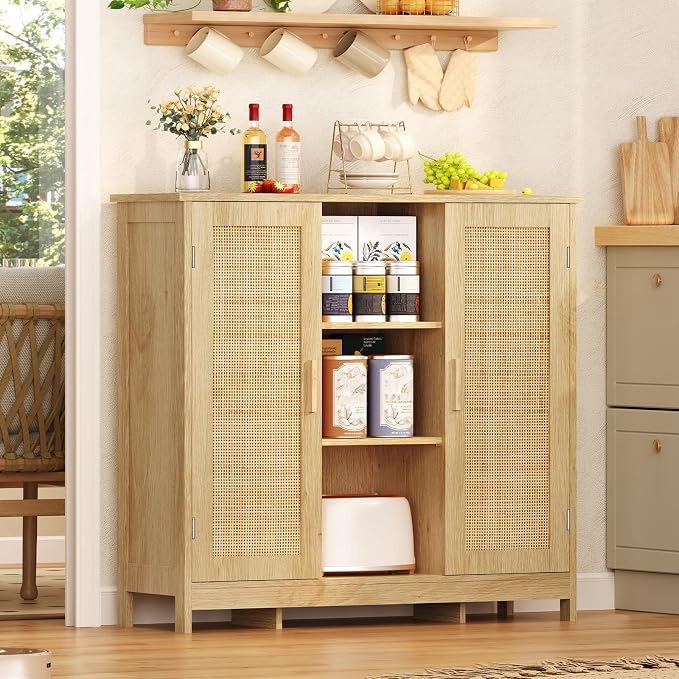 Iwell Rattan Storage Cabinet with 4 Adjustable Shelves, Coffee Bar Cabinet, Sideboard Buffet for Kitchen, Living Room, Entryway, Natural