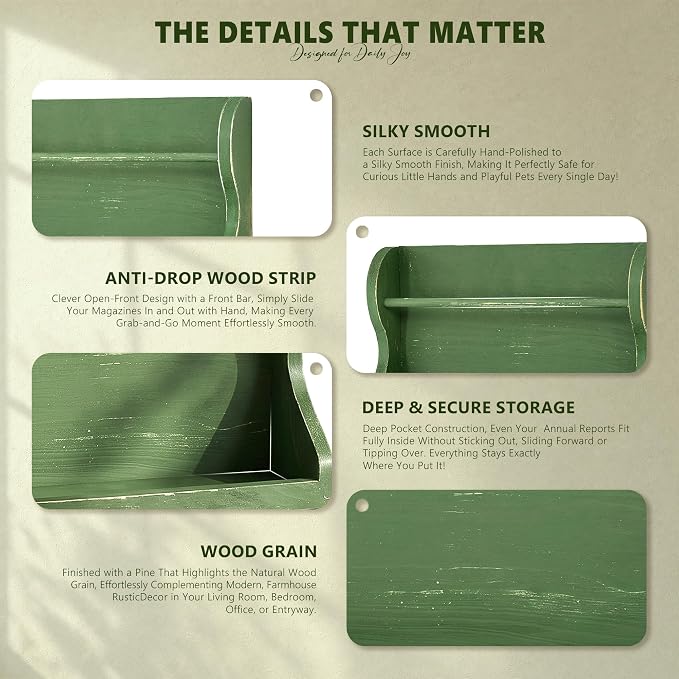 Pine Wood Mail Organizer Wall Mount with 7 Key Hooks for Room Decor, Green | Mail Holder for Wall, Key Hanger for Sunglasses and Wallets, Mail, Farmhouse Magazine Holder, Home Organization, Wood Decor