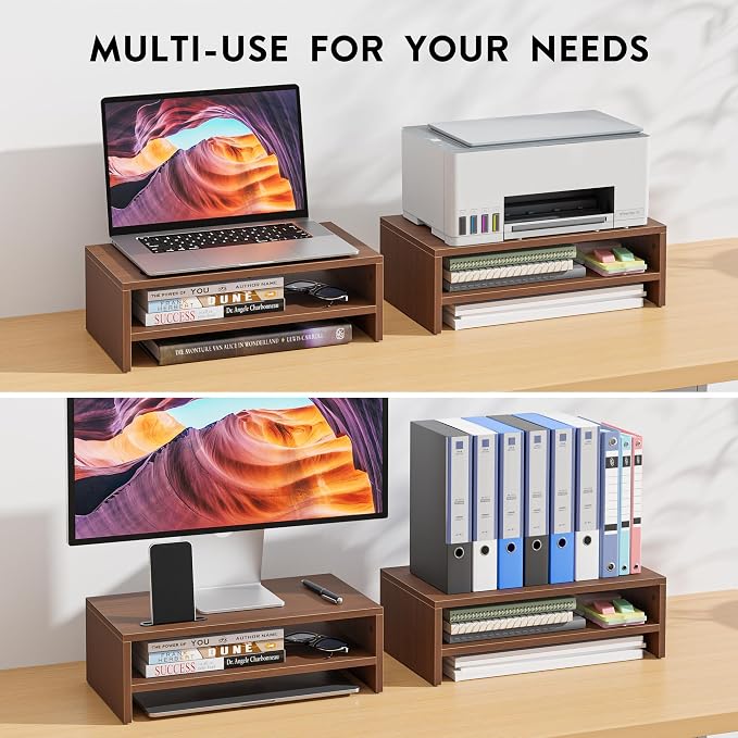 BONTEC Wooden Monitor Stand Riser for Desk, 2-Tier Computer Monitor Stand | 66 lbs Desk Shelf Organizer with Storage, Laptop & Printer Stand with Phone Holder and Cable Management, Walnut, 16.5 Inch