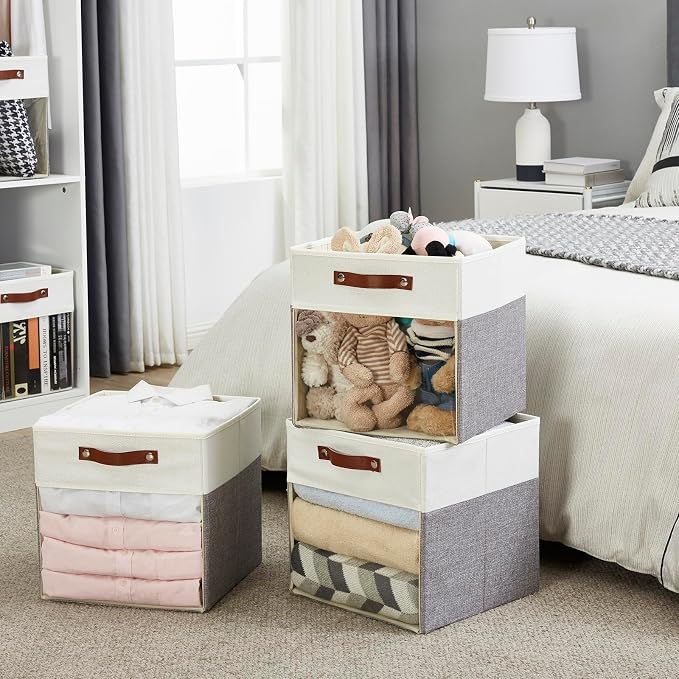 Storage Cubes, 4 Pack Linen Foldable Storage Bins with Clear Window and 2 Handles, 13x15x13 Storage Cube Bins for Shelf Closet, Kallax, Clothes, Books - (Gray / Off-White)