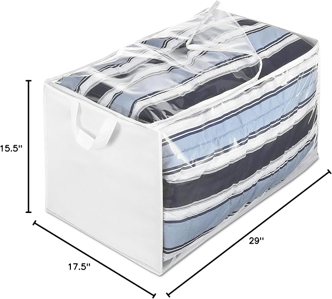 Whitmor Zippered Jumbo Storage Bag, Extra Large 34 Gallon (29"x17.5"x15.5"), Breathable Non-Woven Organizer with Clear Window, Big Moving Bag for Blankets, Clothing, Closet Organization, White