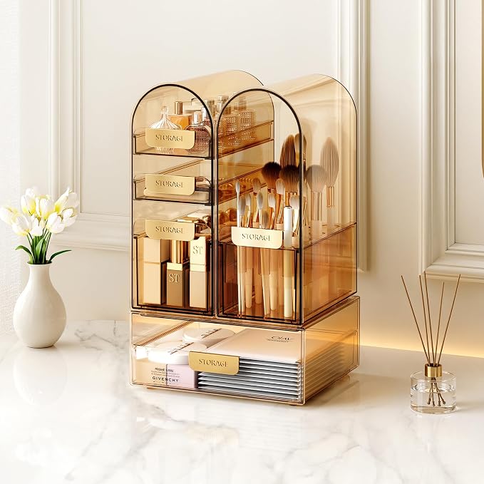 Makeup Organizer Countertop with Drawers & Lid, Skincare Organizer for Vanity, Large Cosmetic Organizer & Display Cases and Storage for Bathroom & Desktop. Perfect for Girl Women Mom Gifts