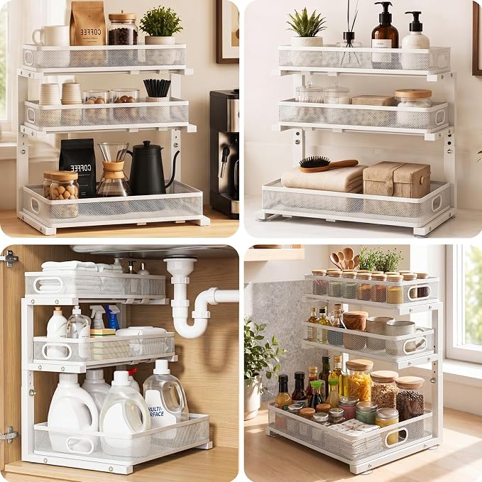 Under Sink Organizer, 3 Tier Pull Out Cabinet Organizer with 5 Adjustable Heights, Metal Under Sink Storage with Sliding Drawers for Kitchen, Bathroom, Pantry and Laundry Room, 2-Pack White