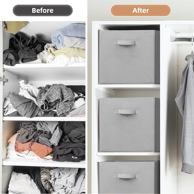 STORAGE MANIAC Storage Cubes, 13 Inch Collapsible Storage Bins with Handles, 6 Pack Fabric Foldable Bins for Organization, Durable Storage Bins for Closet, Shelves, Offices, 6-Pack Grey