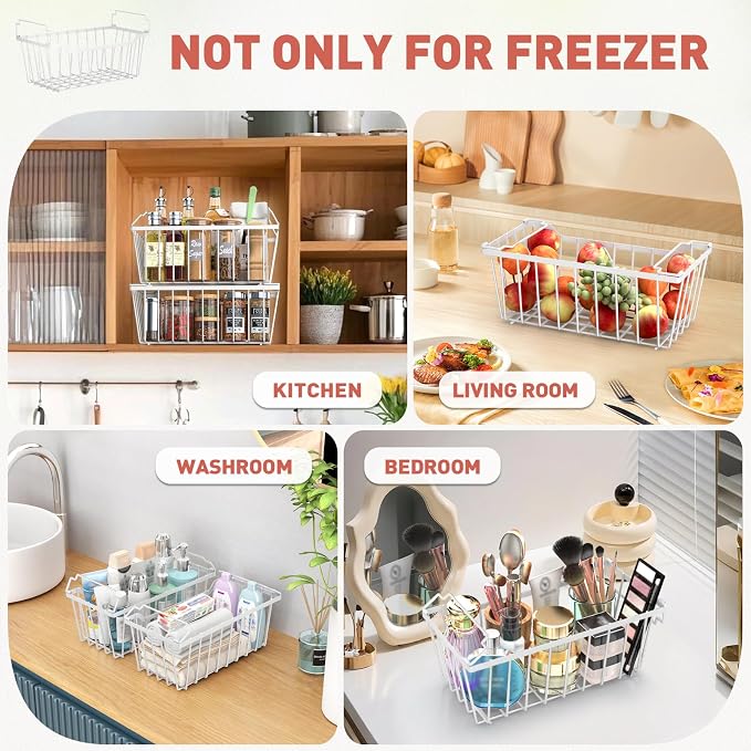 Goovilla Freezer Organizer Bins for 5-7 Cu.FT Chest Freezer, 4 Pack White | Foldable Handle Stackable Freezer Baskets, Coated Metal Freezer Storage Bins with Better Space Utilization, Deep Organization