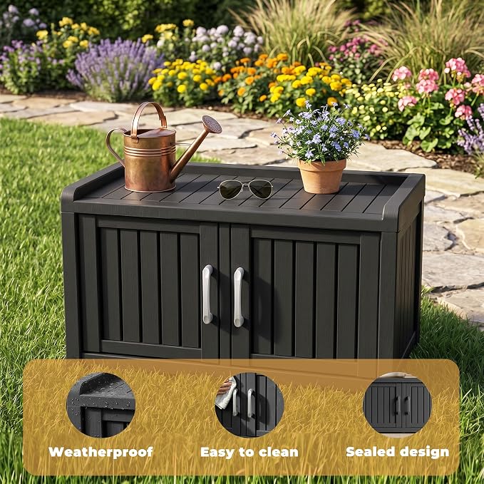 ROJIK Outdoor Shoe Storage Bench, Shoe Cabinet Double Door, Black | Waterproof UV-Resistant,Storage Bench Indoor Outdoor with Adjustable Shelves,for Entryway Bedroom,Hallway,Living Room