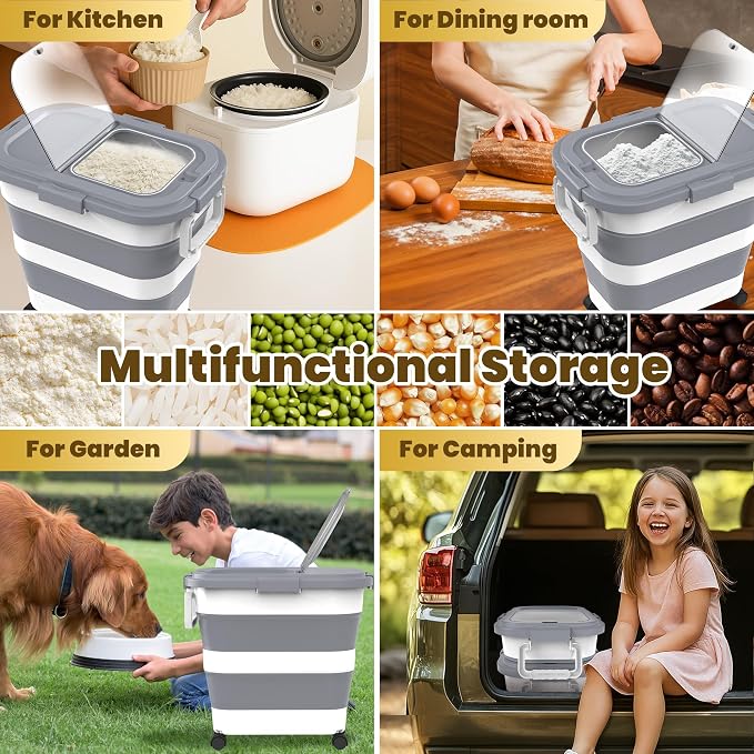 HOYTAMDA 25-35Lbs Rice Container,Collapsible Food Storage Container Wheels | Rice Storage Container with Airtight Locking Lid,Handle,Small Bin &Scoop,Rice Dispenser for Flour Sugar Cereal Grain Dog Cat