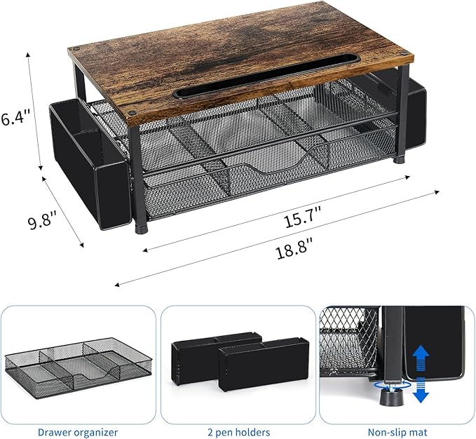 AUPSEN Wood Desk Organizers and Accessories, 2-Tier Computer Monitor Stand Riser with Drawer, Pen Storage & Phone Holder, Office Desk Accessories, Workspace Desktop Organization for Office Supplies(Brown)