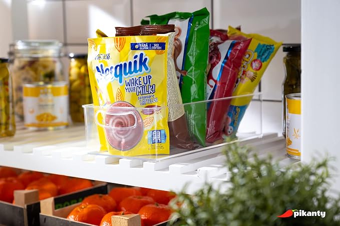 Pikanty Clear Refrigerator Organizer Bin with Handles — 11 Inch Compact Stackable Fridge and Pantry Storage Container for Snacks, Yogurt, Condiments, Dishwasher Safe, Made in USA