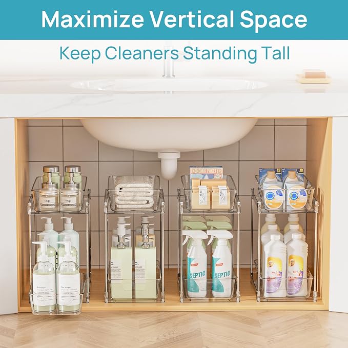 Vtopmart 4 Pack Taller Pull Out Bathroom Under Sink Organizer (S-Higher) | Slide-out drawers, Multi-purpose storage, Clear visibility, Easy Set-up