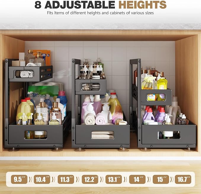 2 Pack 21IN-Depth Under Sink Organizer,Pull Out Cabinet Organizer With Smooth Cylindrical Rail,Metal Slide Out Drawer for Kitchen Bathroom Laundry,8-Level Tool Free Height Adjustable-Black