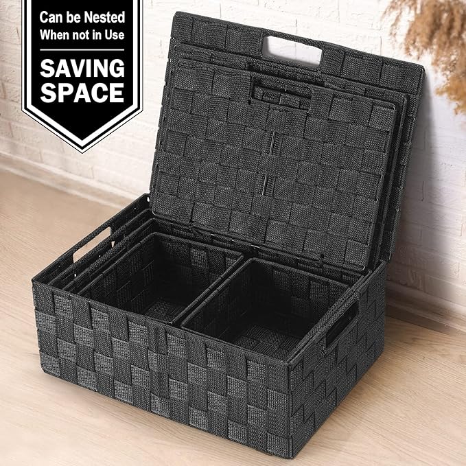 Storage Baskets with Lids: 5 Pack Stackable Woven Storage Bins, Black | Decorative Woven Baskets for Organizing with Built-In Handles for Shelves, Closets, Cabinets and Cubbies, Gift Small Basket