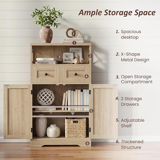 Farmhouse Storage Cabinet Set of 2, Small Kitchen Pantry Coffee Bar Cabinet | Accent Buffet Cabinet Cupboard, 2 Drawers, Barn Doors & Adjustable Shelves, for Kitchen/Entryway/Bathroom, Natural Wood