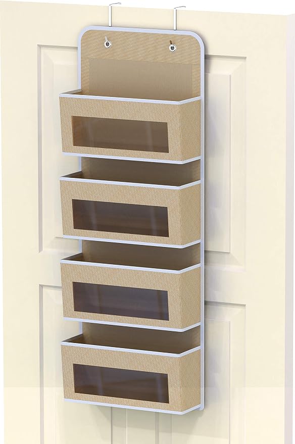Simple Houseware 4 Clear Window Pocket Over Door Hanging Organizer, Beige | Over the Door Storage for Closet, Bedroom, Bathroom, Pantry