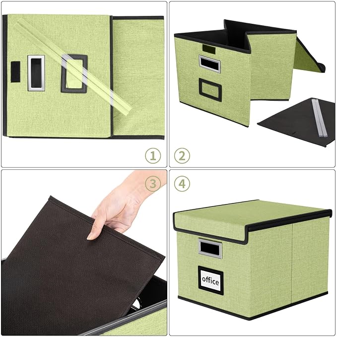 File Organizer Box with Lids, Collapsible File Folder Organizer | File Box with Plastic Slides for Document, Filing Bin for Letter Size Hanging File Folders (2 Pack, Dark Green)