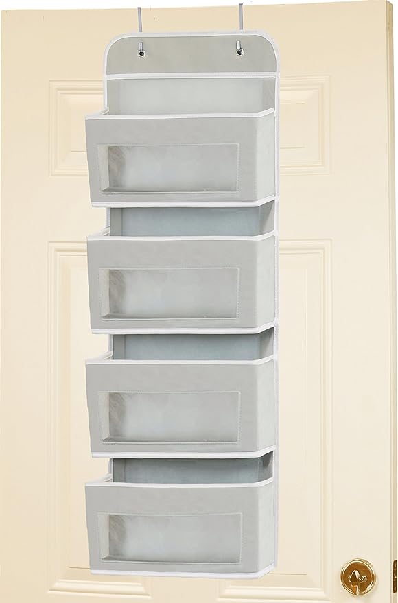 Simple Houseware 4 Clear Window Pocket Over Door Hanging Organizer, Gray | Over the Door Storage for Closet, Bedroom, Bathroom, Pantry