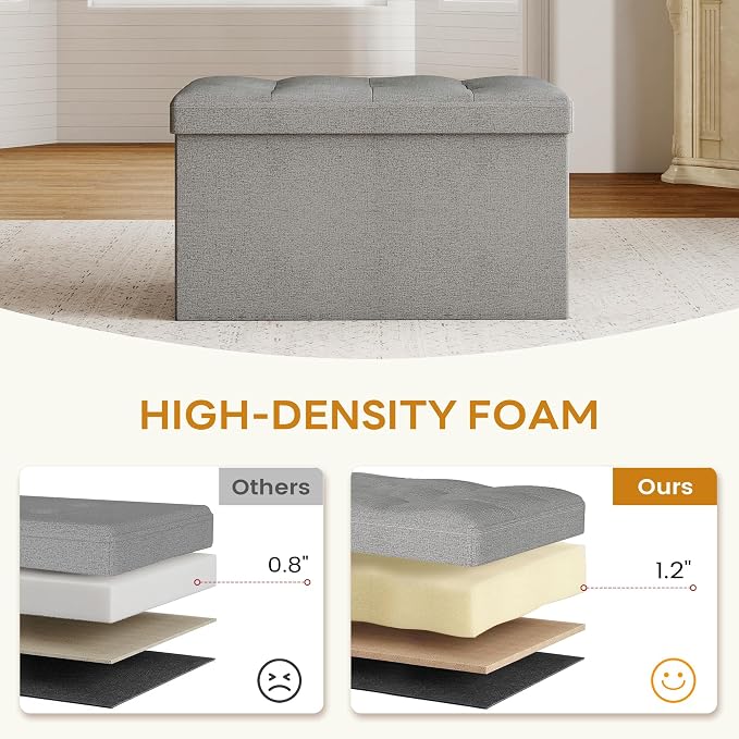 KROFEM 30" Folding Storage Ottoman Bench,Rectangle Foot Rest Stool for Living Room and Bedroom Holds 660 lbs,Synthetic Leather,Light Gray