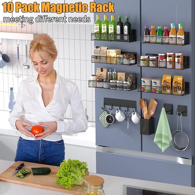 Magnetic Spice Rack for Refrigerator, 10 Pack 100% Metal Strong Magnet Shelf, Moveable Spice Organizer W/ Adjustable Paper Towel Holder, Hook Rack & Utensil Caddy, Home Kitchen Laundry Storage, Black