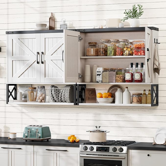 Vabches Bathroom Wall Cabinet, Farmhouse Medicine Cabinet, Rustic White | Vintage Storage Cabinet Wall Mounted with Double Barn Doors and Iron Shelf for Bathroom, Kitchen, Rustic White and Black