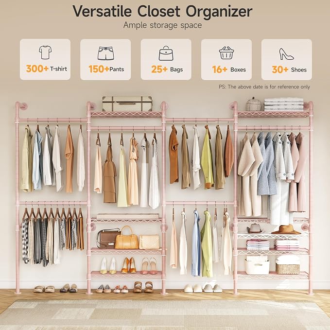 ONBRILL H4 Wall Mounted Closet System, Expandable Industrial Pipe Clothes Rack Clothing Rack for Hanging Clothes, Heavy Duty Closet Organizers and Storage in Wardrobe Closet