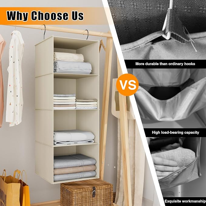 Hanging Closet Organizer 4-Shelf, Oxford Fabric Wardrobe Storage, Beige | Easy-mount foldable design holds clothes, handbags, shoes & accessories; washable Oxford fabric, sturdy and space-saving.