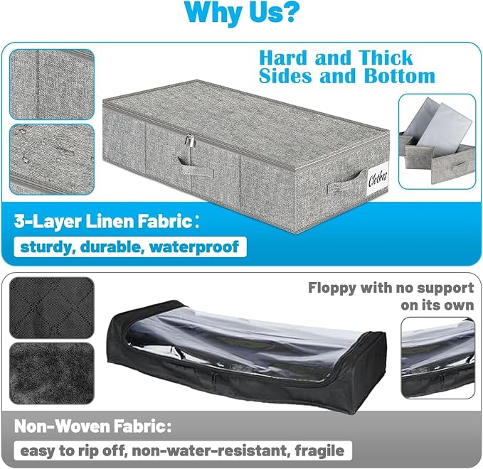 Under Bed Storage Container Bins 4 Pack, 5 Inch Thin Low Profile Underbed Clothes Storage Organizer for Dorm & Home, Use for Blanket and Toy Storage Box W/ Sturdy Bottom/Sides, Foldable Thick Fabric